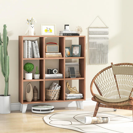 Dreamade 9-Cube Open Bookcase, 3-Tier Freestanding Bookshelf with 4 Slanted Legs & 6 Removable Shelves