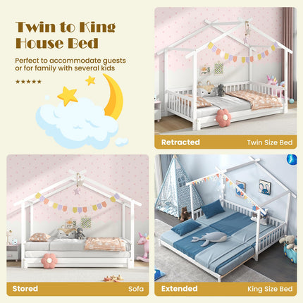Dreamade Extendable House Bed for Kids, Twin to King Daybed with Roof & Fence Rails, Wood Kids Bed Frame for Teens