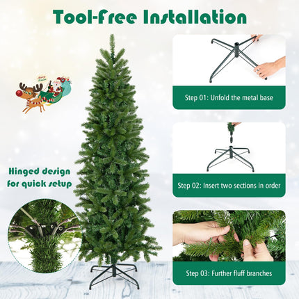 Dreamade 5ft Pre-Lit Pencil Christmas Tree, Hinged Artificial Slim Tree with 390 PVC PE Branch Tips