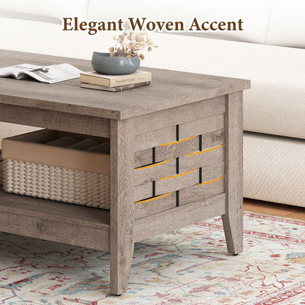 Dreamade 2-Tier Farmhouse Coffee Table with Open Shelf and Woven Decorations for Living Room