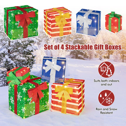 Dreamade Lighted Gift Boxes, Set of 4 Stackable Pre-lit Box Decorations with Warm White LED Lights & Pre-Assembled Ribbons