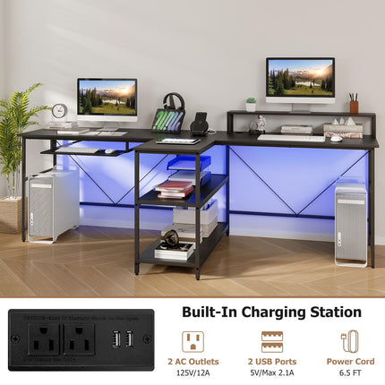 Dreamade 94.5” 2 Person Desk with LED Lights, Long PC Study Desk with Storage Shelves, Power Outlets