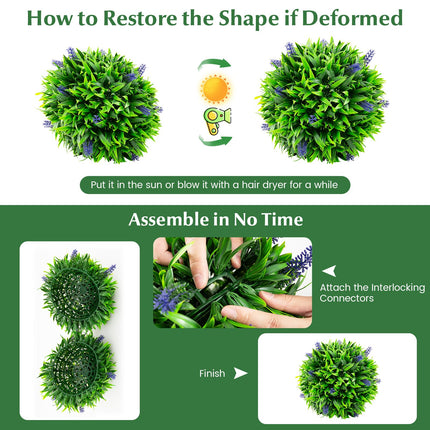 Dreamade 12 Inch Artificial Lavender Topiary Balls Set of 2, Outdoor Faux Greenery Balls with Flowers