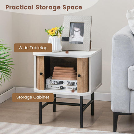 Dreamade Mid-Century Modern Nightstand, Wood Bedside Table with Sliding Doors and 4 Metal Legs