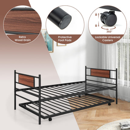 Dreamade Metal Daybed with Trundle, Twin Size Day Bed with Wood Grain Headboard & Metal Slat Support
