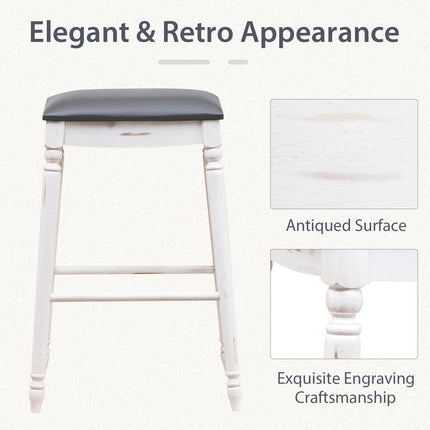 Dreamade Bar Stools, 29"/24" Bar Height Saddle Stools w/Padded Seat, Rubber Wood Legs, Footrests & Antiqued Surface