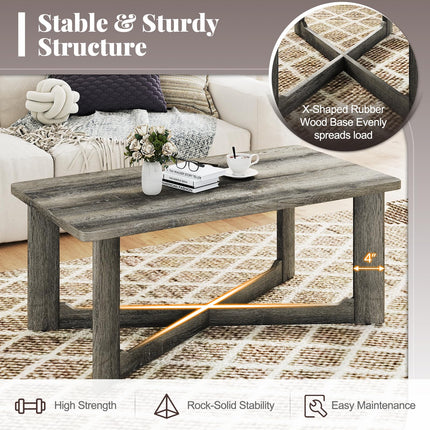 Dreamade Farmhouse Wood Coffee Table Rectangle Center Table with X-Shaped Base & Rubber Wood Frame