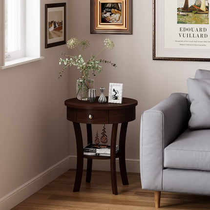 Dreamade Round End Table with Drawer, 2-Tier Wood Side Table w/Open Shelf