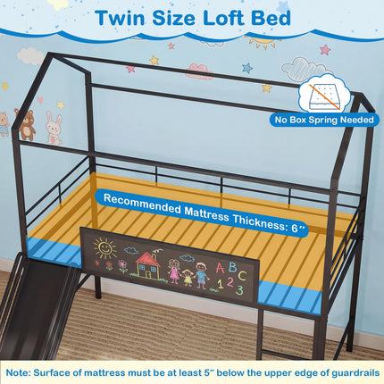 Dreamade Twin Size House Loft Bed | Low Loft Bedframe w/Roof