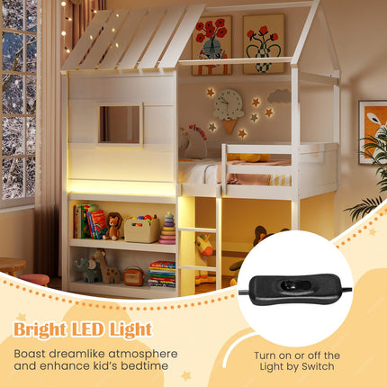 Dreamade Twin Size Loft Bed with LED Lights Roof Window and Storage Bookshelf