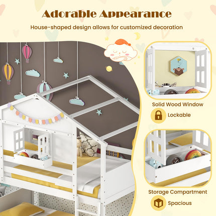 Dreamade Bunk Bed Twin Over Twin, Wood House Bed for Kids with Roof, Window Door, White