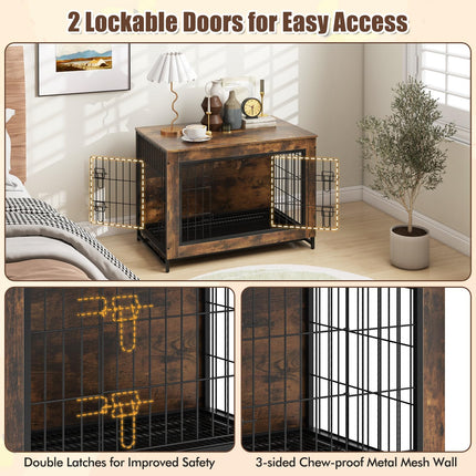 Dreamade Dog Crate Furniture - Dog Kennel Side Table with Double Doors & Removable Pull-Out Tray