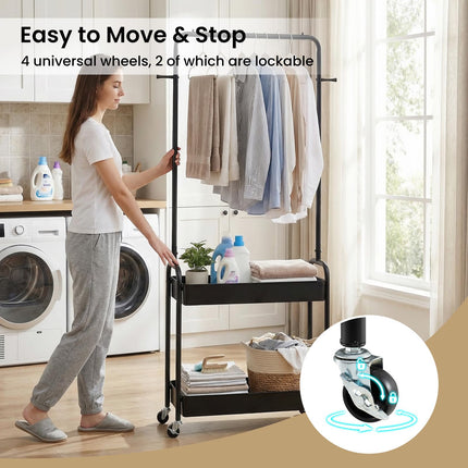 Dreamade Heavy-Duty Rolling Clothes Rack with 2 Storage Baskets & Side Hooks
