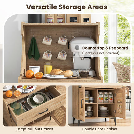 Dreamade 45.5” Kitchen Pantry Cabinet, Buffet Sideboard w/Hutch, PVC Rattan Door