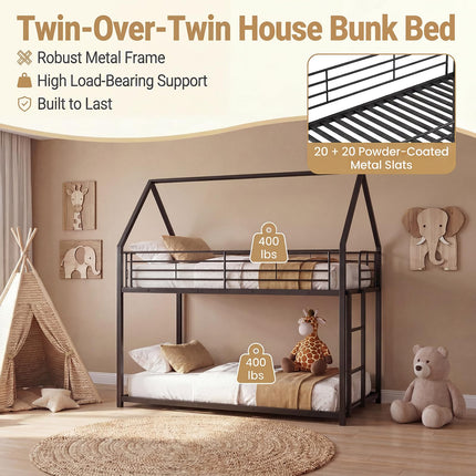 Dreamade House-Shaped Twin Over Twin Metal Bunk Bed