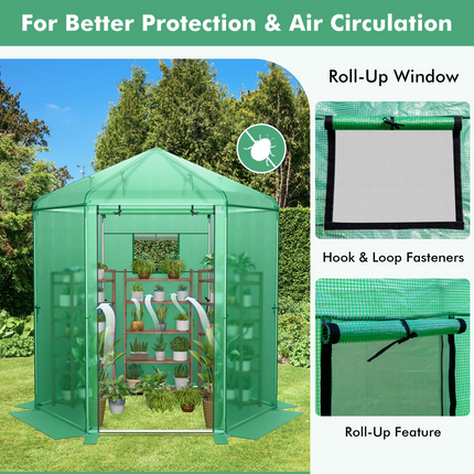 Dreamade 7 x 6 x 7.5 FT Greenhouse, Large Hexagonal Walk in Greenhouse Outdoor with Heavy-Duty Metal Frame