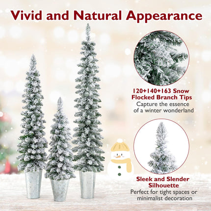 Dreamade 3' 4' 5' Pre-Lit Snow Flocked Christmas Tree Set of 3, Slim Pencil Artificial Potted Xmas Trees with 423 Branch Tips