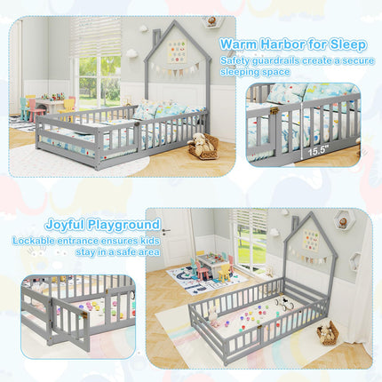Dreamade Twin Floor Bed, House-Shaped Montessori Bed Frame with Headboard, Full-Length Guardrail