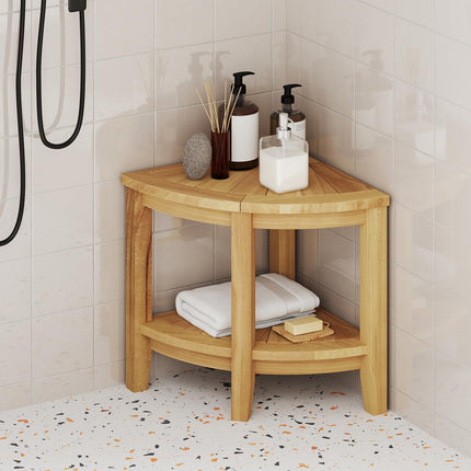 Dreamade Corner Shower Stool - Teak Wood Shower Bench Seat with Storage Shelf for Shaving Legs