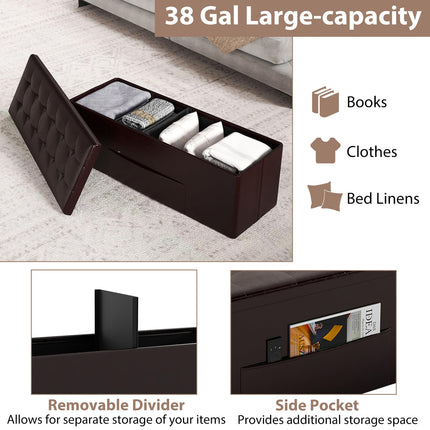 Dreamade 43 Inches Folding Storage Ottoman Bench Upholstered PU Leather Storage Chest with Side Pocket