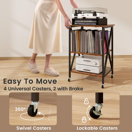 Dreamade Record Player Stand with Charging Station, Turntable Stand with Record Storage & 4 Rolling Wheels