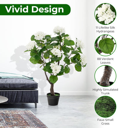 Dreamade Artificial Hydrangea Tree, 2 Pack Fake Floral Plant w/11 White Flowers & Realistic Trunk in Plastic Nursery Pot