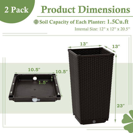 Dreamade Set of 2 Outdoor Wicker Flower Pot, 23 Inch Tall Planters with Drainage Hole, Self-Watering Tray