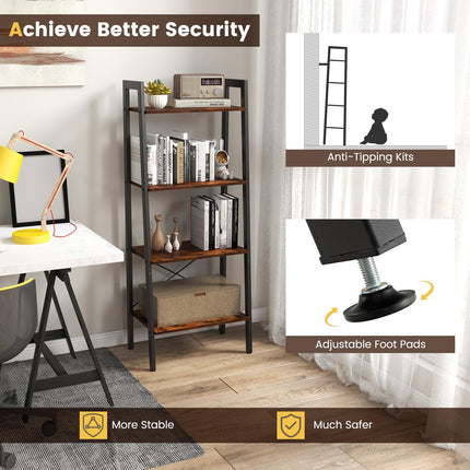 Dreamade Industrial 4-Tier Bookshelf, Ladder Bookshelf with Metal Frame, Anti-Tipping Kits