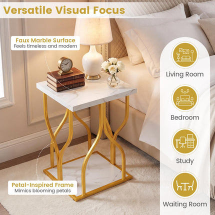 Dreamade 2-Tier End Table with Storage Shelf & Gold Petal-Inspired Geometric Metal Frame