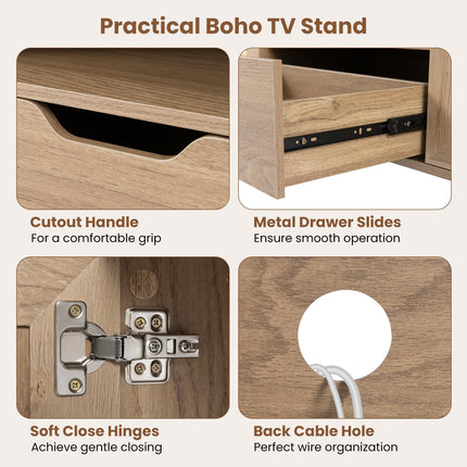 Dreamade Boho TV Stand for 50-60 Inch TV with Storage Cabinets Drawer & PE Rattan Doors
