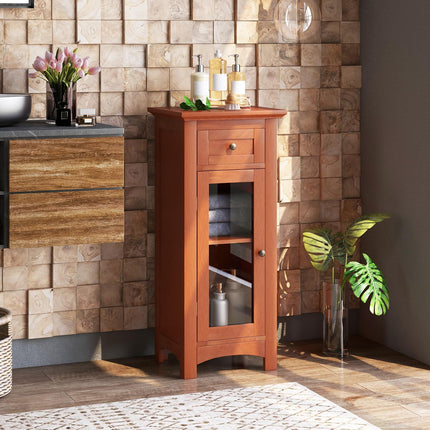 Dreamade Small Bathroom Storage Cabinet, Freestanding Narrow Bathroom Cabinet with Single Glass Door, Drawer