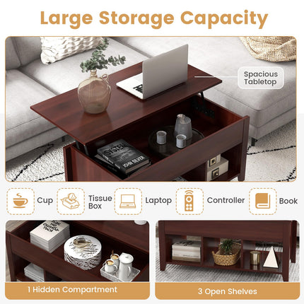 Dreamade Lift Top Coffee Table - Rectangular Wooden Table w/Hidden Compartment & Open Storage Shelves