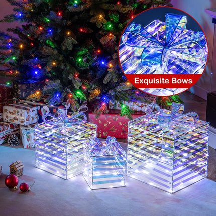 Dreamade 3 Pieces Christmas Lighted Gift Boxes, 90 LED Light up Present Boxes with Bows, Zip Ties & Ground Stakes
