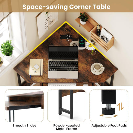 Dreamade Small Corner Desk with Charging Station with Keyboard Tray & Storage Shelf
