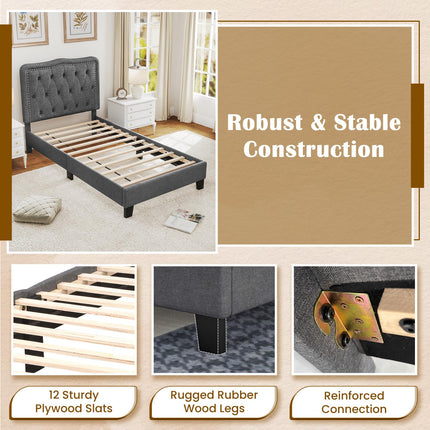 Dreamade Twin Size Bed Frame, Modern Linen Upholstered Platform Bed w/ 46" Tall Button Tufted Headboard