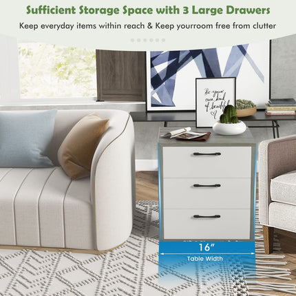 Dreamade Storage Drawer Dresser - Wood End Table, Night Stand with 3 Drawers (1, White & Gray)