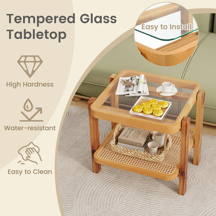 Dreamade Rattan Side Table, Boho End Table for Living Room, Narrow Bedside Table with Tempered Glass Top