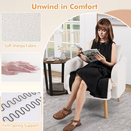 Dreamade Sherpa Accent Chair, Modern Upholstered Single Sofa Chair with Back Pillow & Solid Rubber Wood Legs
