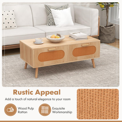 Dreamade Rattan Coffee Table, Mid Century Modern Center Table with 2 Storage Drawers & Back Compartment