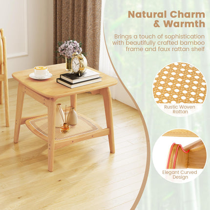Dreamade Rattan Side Table, Boho End Table with Storage Shelf, 2-Tier Bedside Table for Small Spaces