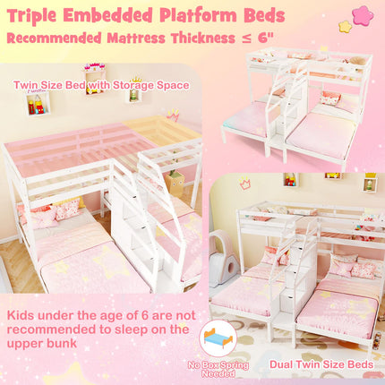 Dreamade Twin Over Twin & Twin Bunk Bed, Triple Bunk Beds with 4-Step Storage Stair, Wooden 3 Bunk Beds for Kids Teens