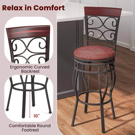 Dreamade 30" Swivel Bar Stools Set of 2, Bar Height Bar Stools w/Back, Upholstered PU Leather Seat, Footrest, Rustic Brown
