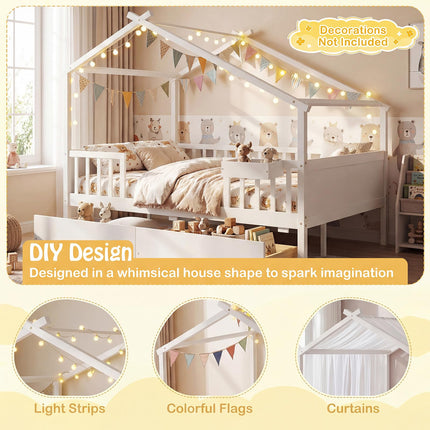 Dreamade Full Size House Bed with Roof and Fence Rails for Kid
