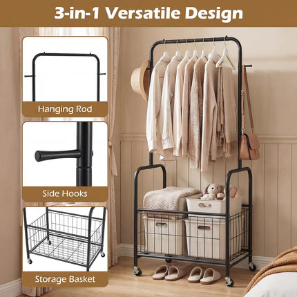 Dreamade 35" Clothes Rack with Storage Basket & Lockable Wheels