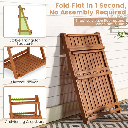 Dreamade Foldable Ladder Plant Shelf 3-Tier Solid Wood Indoor Outdoor Flower Pot Display Rack