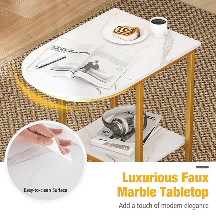 Dreamade C Shaped End Table with Faux Marble Tabletop and Storage Shelf