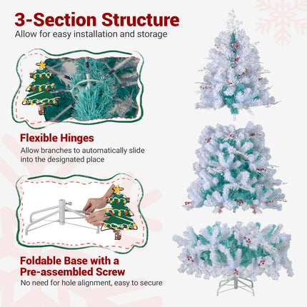 Dreamade 6FT / 7FT Hinged Lighted Xmas Tree with Snow Flocked Branch Tips & LED Lights