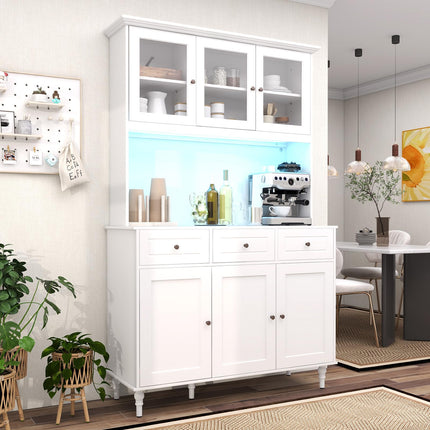 Dreamade Pantry Cabinet, 77” Tall Buffet Cabinet with Hutch, LED Lights & Charging Station