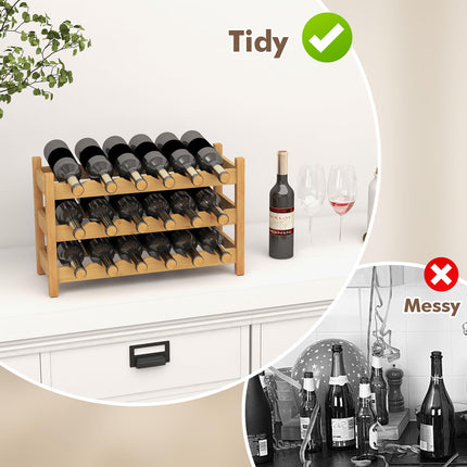 Dreamade Bamboo Wine Rack, 3 Tier 18 Bottle Wine Storage Cabinet Shelf, Small Wine Rack Bottle Organizer Freestanding Counter