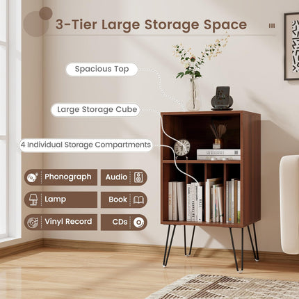 Dreamade Record Player Stand with Charging Station Turntable Cabinet with Record Storage & Metal Legs